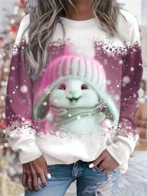 Casual Regular Fit Bunny with Hat Graphic Crew Neck Long Sleeve Winter Sweatshirt - Image 5