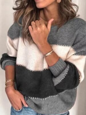 Casual Regular Fit Color Block Crew Neck Long Sleeve Knitted Sweater - Image 1