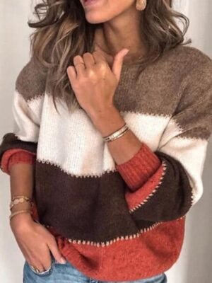 Casual Regular Fit Color Block Crew Neck Long Sleeve Knitted Sweater - Image 2