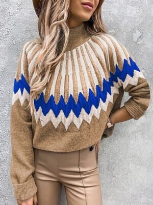 Casual Regular Fit Colour Block Crew Neck Long Sleeve Knitted Top - Image 1