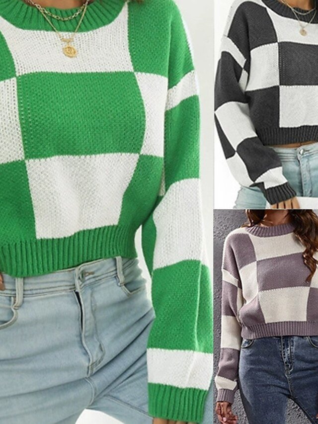 Casual Regular Fit Colour Block Crew Neck Long Sleeve Crop Pullover - Image 1