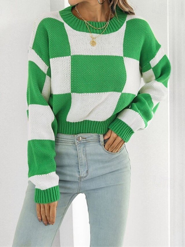 Casual Regular Fit Colour Block Crew Neck Long Sleeve Crop Pullover - Image 2