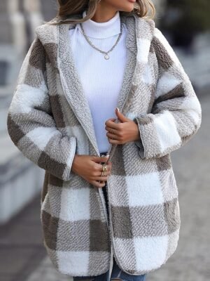 Casual Regular Fit Colour Block Fur Collar Long Sleeve Trench Coat - Image 1