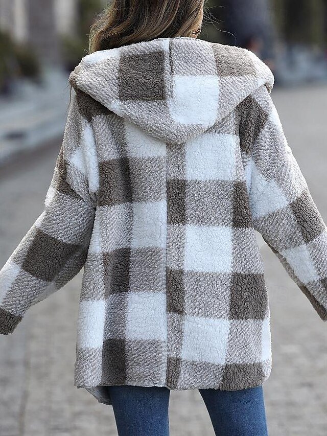 Casual Regular Fit Colour Block Fur Collar Long Sleeve Trench Coat - Image 2