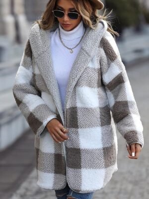 Casual Regular Fit Colour Block Fur Collar Long Sleeve Trench Coat - Image 4