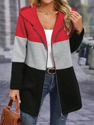 Casual Regular Fit Colour Block Hooded Long Sleeve Hoodie Jacket - Image 4