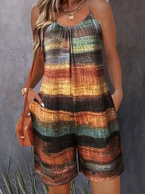 Casual Regular Fit Colour Block V Neck Sleeveless Short Romper - Image 1