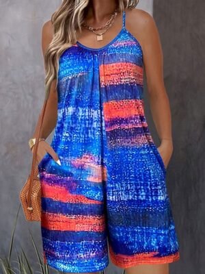 Casual Regular Fit Colour Block V Neck Sleeveless Short Romper - Image 13