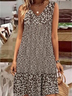 Casual Regular Fit Ditsy Floral V Neck Sleeveless Mini Dress - Image 2