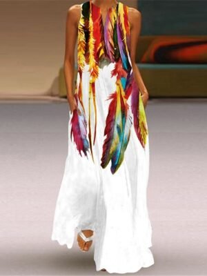 Casual Regular Fit Feather V Neck Sleeveless Maxi Dress - Image 1