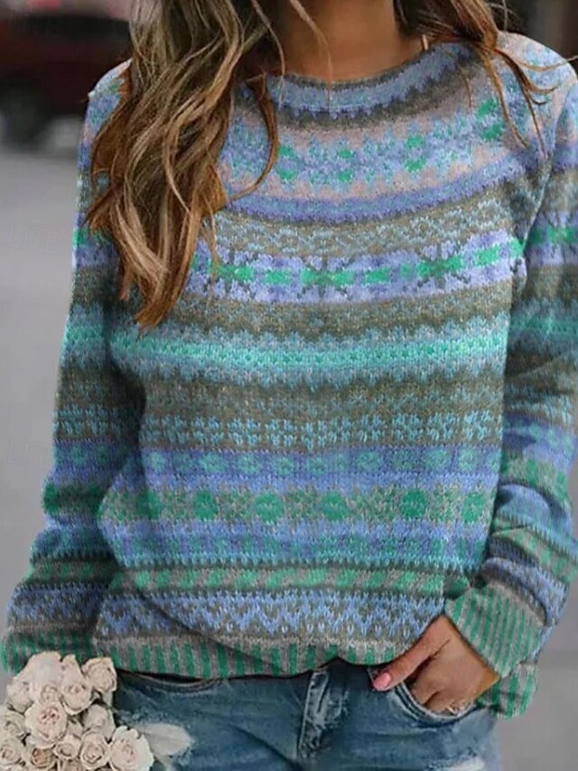 Casual Regular Fit Floral Crew Neck Long Sleeve Knitted Pullover - Image 1