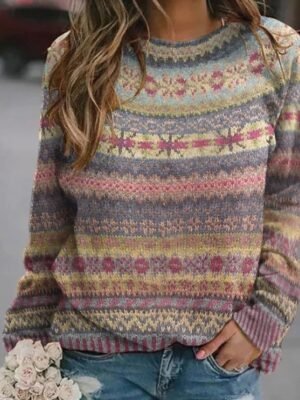 Casual Regular Fit Floral Crew Neck Long Sleeve Knitted Pullover - Image 2
