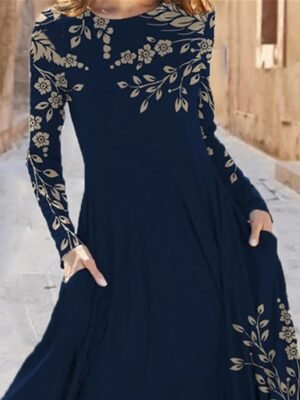 Casual Regular Fit Floral Crew Neck Long Sleeve Midi Dress - Image 2