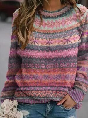 Casual Regular Fit Floral Crew Neck Long Sleeve Knitted Pullover - Image 3