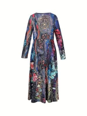 Casual Regular Fit Floral Crew Neck Long Sleeve Midi Dress - Image 5