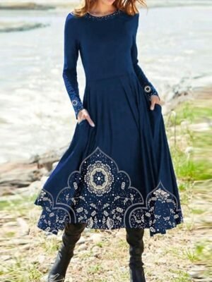 Casual Regular Fit Floral Crew Neck Long Sleeve Midi Dress - Image 7