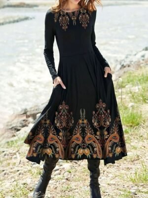 Casual Regular Fit Floral Crew Neck Long Sleeve Midi Dress - Image 8
