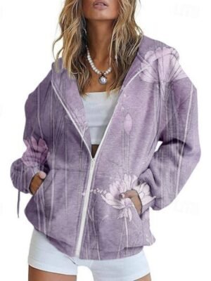 Casual Regular Fit Floral Hooded Long Sleeve Jacket - Image 2