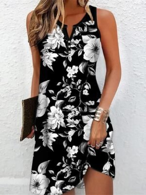 Casual Regular Fit Floral Split Neck Sleeveless Mini Dress - Image 2