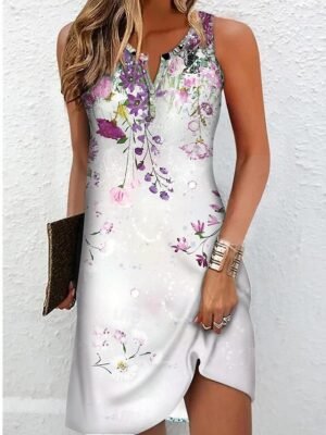Casual Regular Fit Floral Split Neck Sleeveless Mini Dress - Image 5