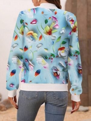 Casual Regular Fit Floral Stand Collar Long Sleeve Short Bomber Jacket - Image 2