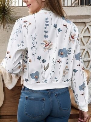 Casual Regular Fit Floral Stand Collar Long Sleeve Short Bomber Jacket - Image 5