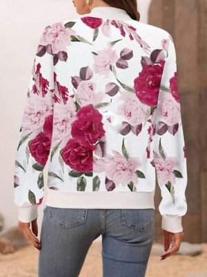 Casual Regular Fit Floral Stand Collar Long Sleeve Short Bomber Jacket - Image 7