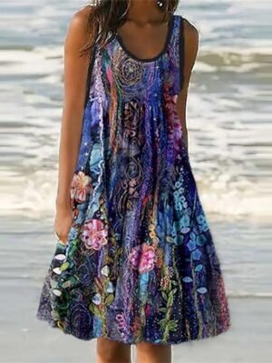 Casual Regular Fit Floral U Neck Sleeveless Mini Dress - Image 1