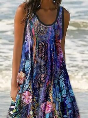 Casual Regular Fit Floral U Neck Sleeveless Mini Dress - Image 3