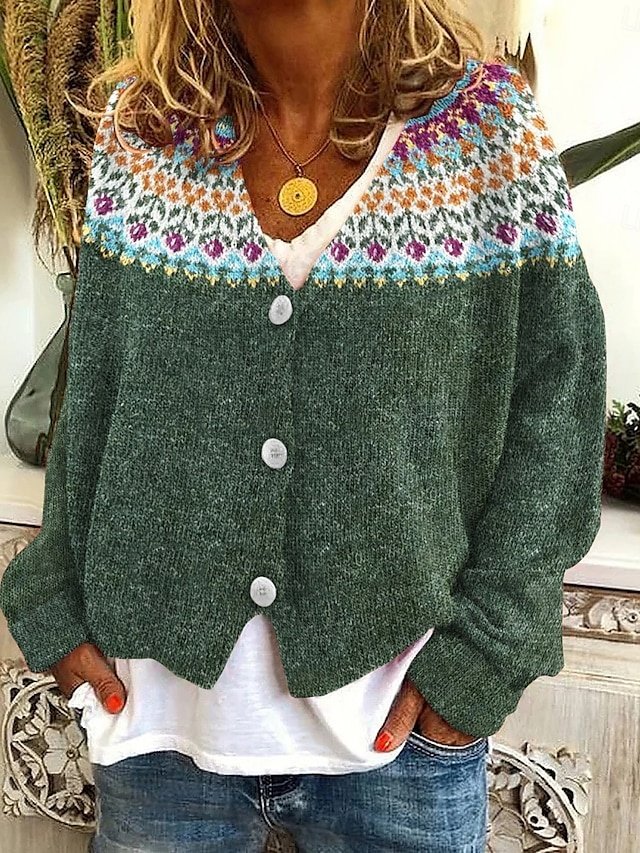 Casual Regular Fit Floral V Neck Long Sleeve Knitted Top - Image 2