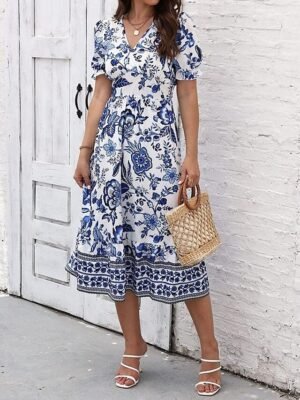 Casual Regular Fit Floral V Neck Short Sleeve Midi Dress - Image 11