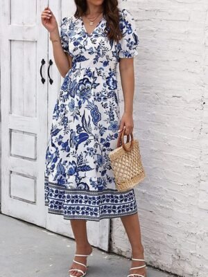 Casual Regular Fit Floral V Neck Short Sleeve Midi Dress - Image 12