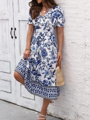 Casual Regular Fit Floral V Neck Short Sleeve Midi Dress - Image 13