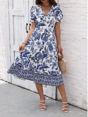 Casual Regular Fit Floral V Neck Short Sleeve Midi Dress - Image 14