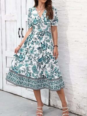 Casual Regular Fit Floral V Neck Short Sleeve Midi Dress - Image 16