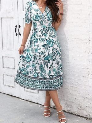 Casual Regular Fit Floral V Neck Short Sleeve Midi Dress - Image 17