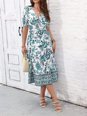 Casual Regular Fit Floral V Neck Short Sleeve Midi Dress - Image 19