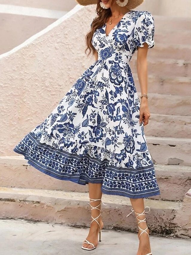 Casual Regular Fit Floral V Neck Short Sleeve Midi Dress - Image 2