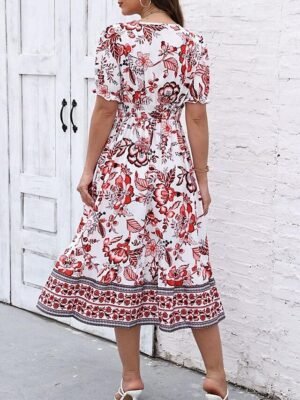 Casual Regular Fit Floral V Neck Short Sleeve Midi Dress - Image 20