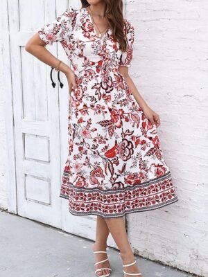 Casual Regular Fit Floral V Neck Short Sleeve Midi Dress - Image 21