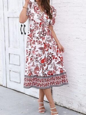 Casual Regular Fit Floral V Neck Short Sleeve Midi Dress - Image 22