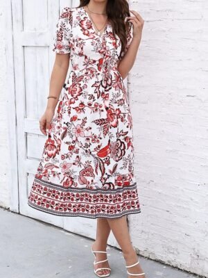 Casual Regular Fit Floral V Neck Short Sleeve Midi Dress - Image 23