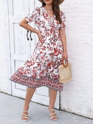 Casual Regular Fit Floral V Neck Short Sleeve Midi Dress - Image 25