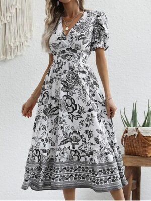 Casual Regular Fit Floral V Neck Short Sleeve Midi Dress - Image 28