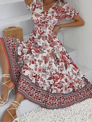 Casual Regular Fit Floral V Neck Short Sleeve Midi Dress - Image 29