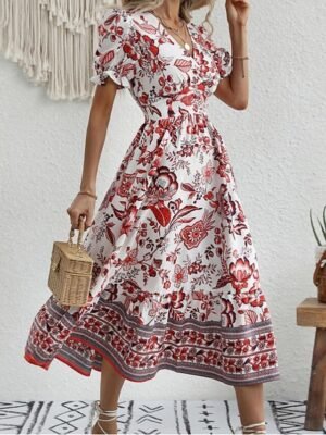 Casual Regular Fit Floral V Neck Short Sleeve Midi Dress - Image 30