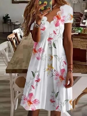 Casual Regular Fit Floral V Neck Short Sleeve Mini Dress - Image 4