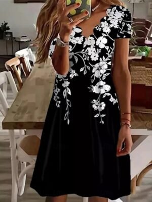 Casual Regular Fit Floral V Neck Short Sleeve Mini Dress - Image 5