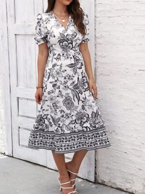 Casual Regular Fit Floral V Neck Short Sleeve Midi Dress - Image 7