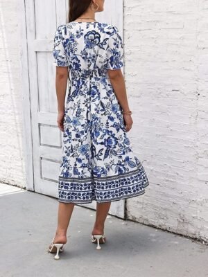 Casual Regular Fit Floral V Neck Short Sleeve Midi Dress - Image 9